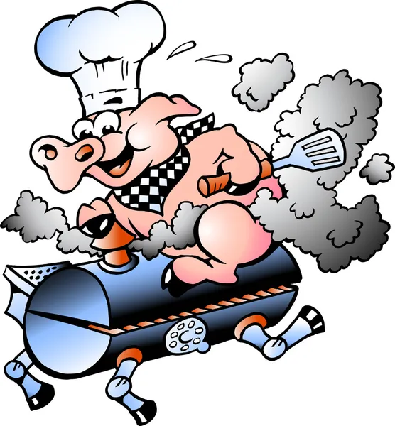 Ilustración vectorial dibujada a mano de un cerdo chef montando un barril de barbacoa — Vector de stock