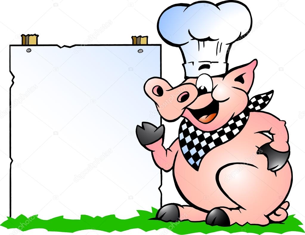 Hand-drawn Vector illustration of an Chef Pig standing and pointing towards a sign