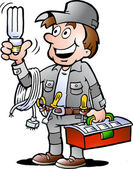 kreslené vektorové ilustrace šťastný elektrikář údržbář, držící žárovky energysaving