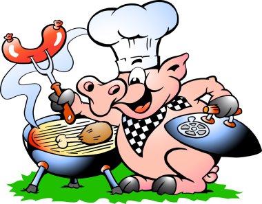 ayakta ve Barbekü yapma Şef domuz çizilmiş vektör çizim