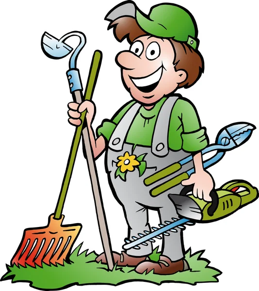 Hand-drawn Vector illustration of an happy Gardener standing with his garden tool — Stock Vector