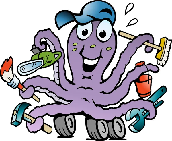 Ilustração vetorial desenhada à mão de um Happy Busy Octopus Handyman —  Vetores de Stock