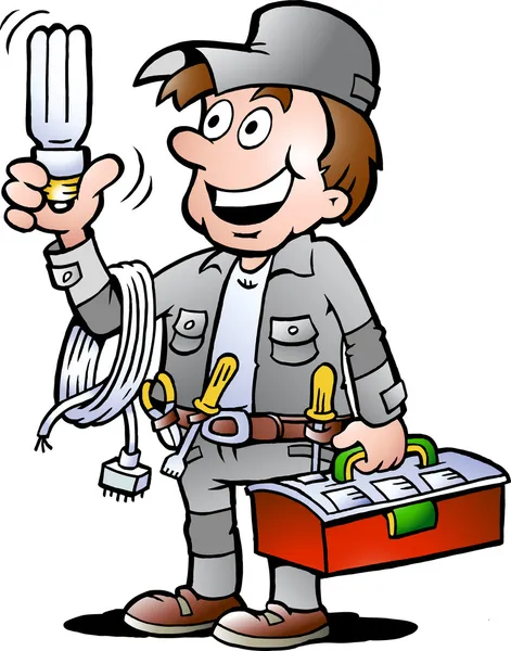 Ilustracja rysowane ręcznie wektor zadowolony elektryk faktotum, trzyma żarówkę budowę energooszczędnego — Wektor stockowy