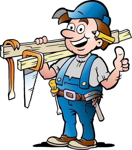 Ilustración vectorial dibujada a mano de un carpintero feliz Handyman — Vector de stock