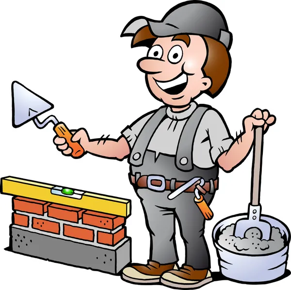 Ilustración vectorial dibujada a mano de un albañil feliz Handyman — Vector de stock