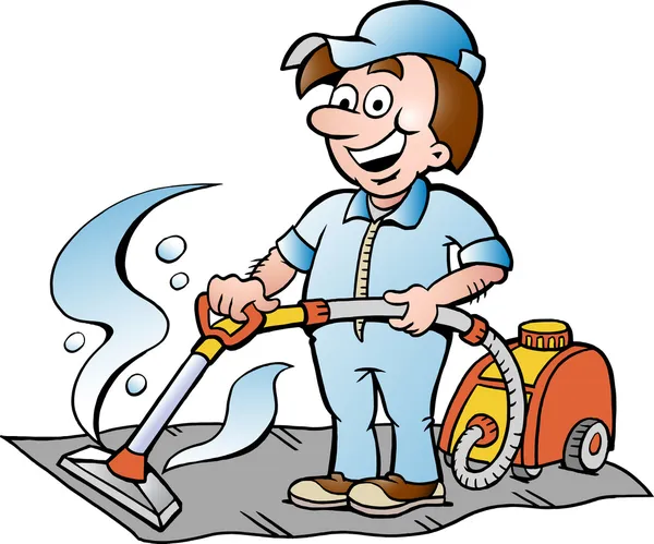 Ilustração vetorial desenhada à mão de um limpador de carpetes feliz — Vetor de Stock
