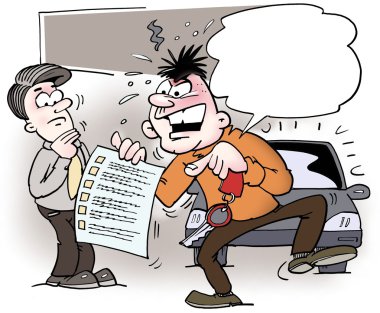 bir denetim listesinin yer aldığı işaret eden öfkeli araba sahibi