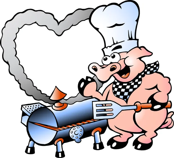 Handgetekende vectorillustratie van een chef-kok varken maken bbq — Stockvector