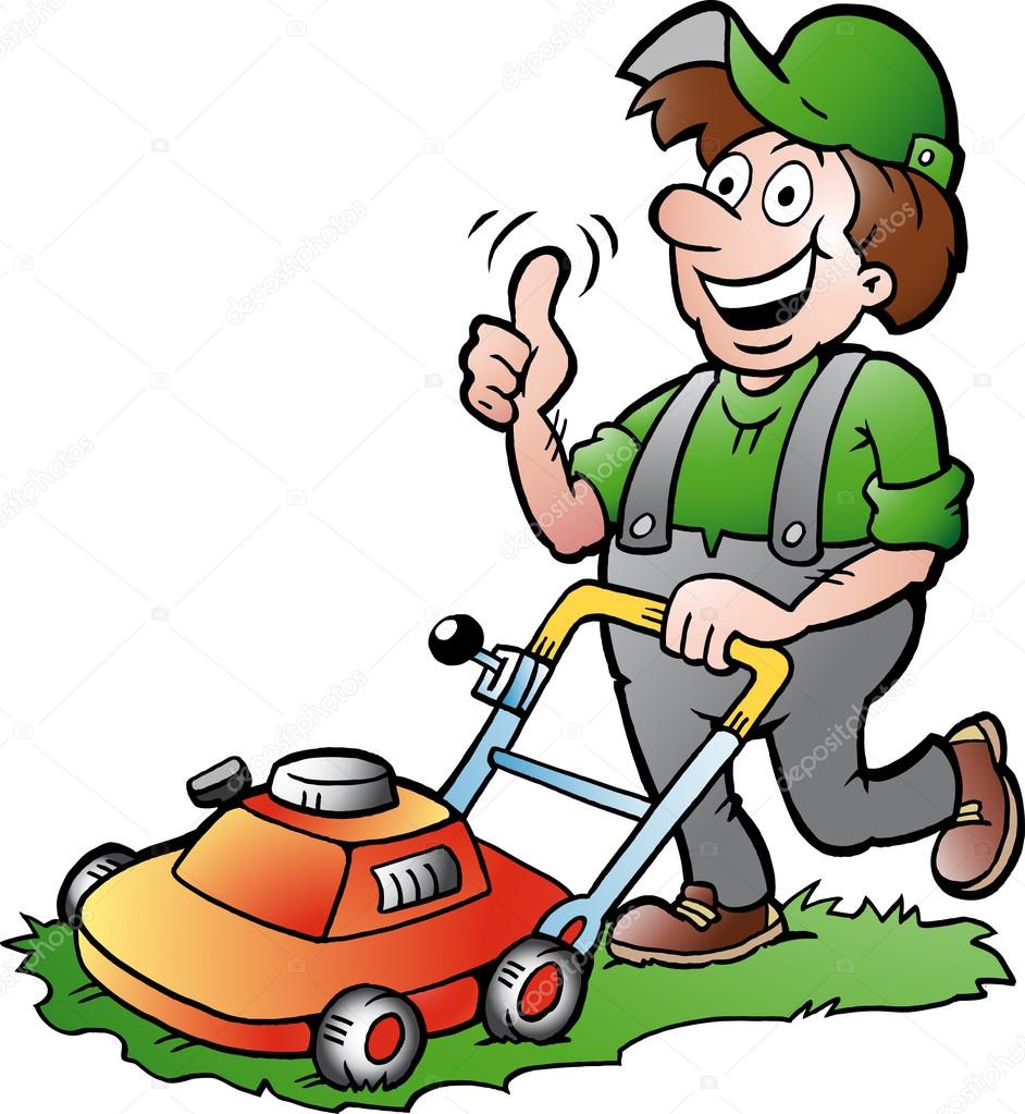 Hand-drawn Vector illustration of an happy Gardener with his lawnmower