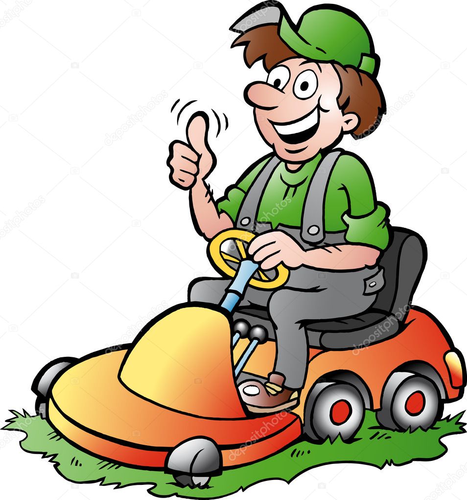 Hand-drawn Vector illustration of an happy Gardener riding his lawnmower