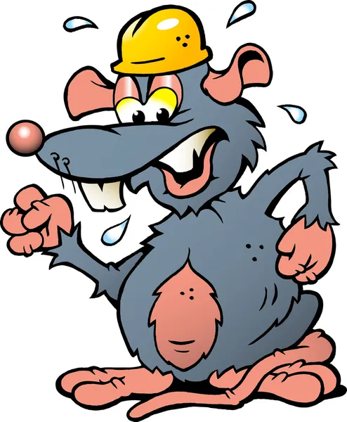 Ilustração vetorial desenhada à mão de um rato irritado com capacete amarelo — Vetor de Stock