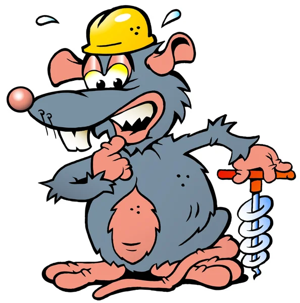 Vetor desenhado à mão ilustração de um rato assustado um rato assustado segurando uma broca —  Vetores de Stock
