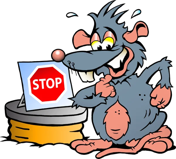 Illustrazione vettoriale disegnata a mano di un topo spaventato in piedi davanti alla fogna con un segno di stop — Vettoriale Stock