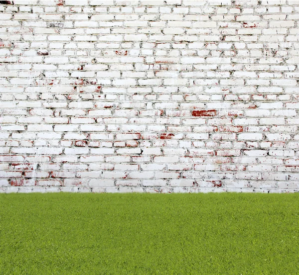 Стена старого кирпича и зелёная трава — стоковое фото