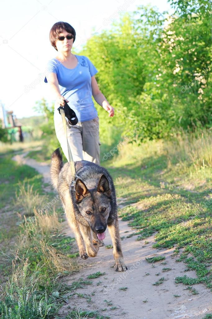 Woman runner running with dog on country road in summer nature