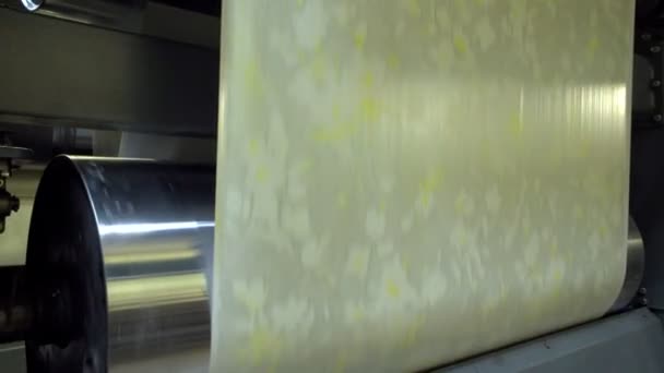 Transportador de papel pintado, papel pintado no tejido en la línea transportadora, interior industrial. Producción moderna de papel pintado — Vídeos de Stock