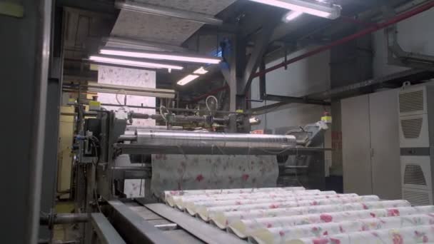 Rouleau de papier peint. Ligne de convoyeur à l'usine de papier peint. Un rouleau de papier peint sur une ligne de convoyeur. Production de papier peint moderne — Video