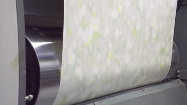 Impressão a cores sobre papel de parede, produção de papel de parede moderno, interior industrial — Vídeo de Stock