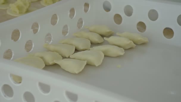 Μια γυναίκα φτιάχνει ζυμαρικά στην παραγωγή ημικατεργασμένων προϊόντων. Βίντεο Κλιπ