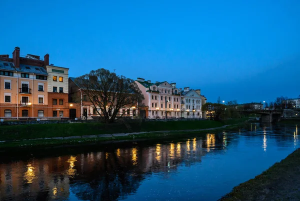 Stock image Beautiful houses in classic old style. Beautiful evening light.. Pskov, Sovetskaya naberezhnaya