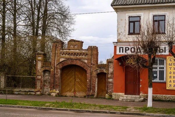 Old gate at the old house. low-rise houses in the old style. cloudy autumn day in a provincial town — Stockfoto