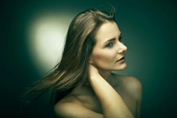 Чувственная женщина с красивыми длинными каштановыми волосами — стоковое фото