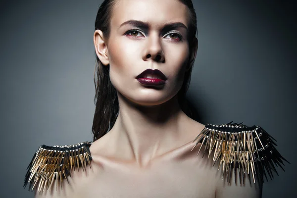 Sexy strict woman with red lips and epaulettes — Stock Photo, Image