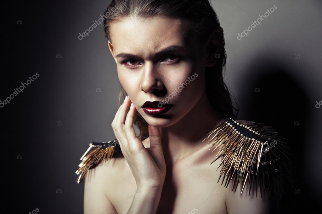 Sexy strict woman with red lips and epaulettes Stock Photo by ...
