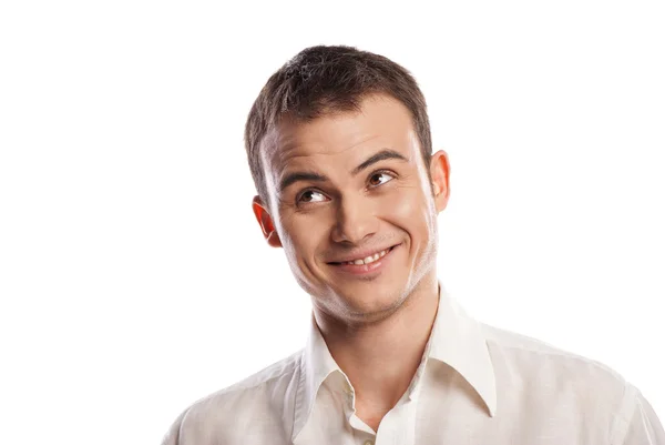 Bonito sorridente jovem olhando para cima isolado — Fotografia de Stock