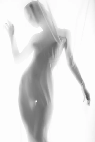 Красивая голая женщина через прозрачную ткань — стоковое фото