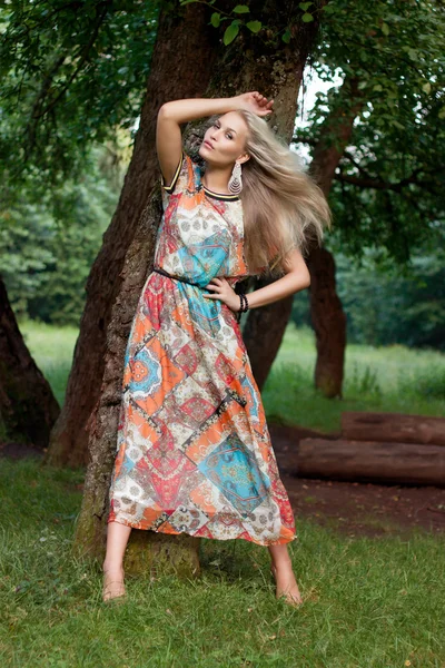 Sexy woman outdoor with nice colorful dress — Stock Photo, Image