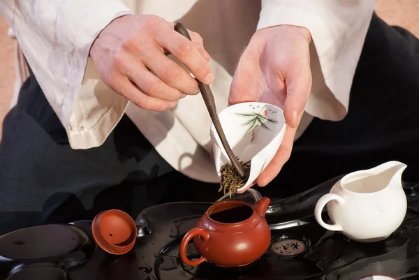 Młody człowiek posiada ceremonii herbaty chińskie — Zdjęcie stockowe