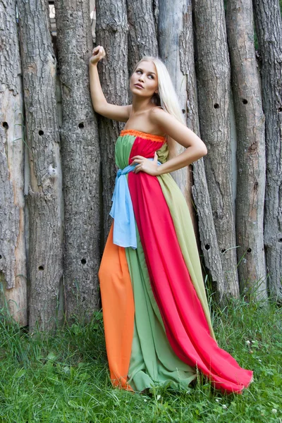 Sexy Frau im Freien mit schönen bunten Kleid — Stockfoto