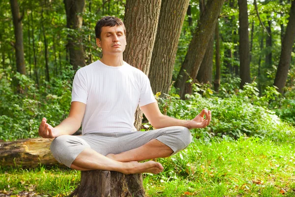 Joven haciendo yoga (pose de loto) en el parque — Foto de Stock