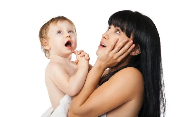 Mother with her baby after bathing in white towel — Stock Photo, Image