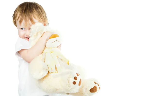 Cute funny infant baby girl with big toy bear — Stock Photo, Image