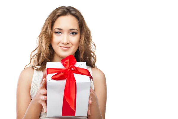 Beautiful Christmas woman with present isolated — Stock Photo, Image