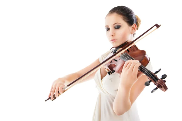 Mooie jonge vrouw speelt viool via Wit — Stockfoto