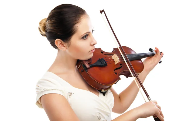 Piękna młoda kobieta gra skrzypce nad białym — Zdjęcie stockowe
