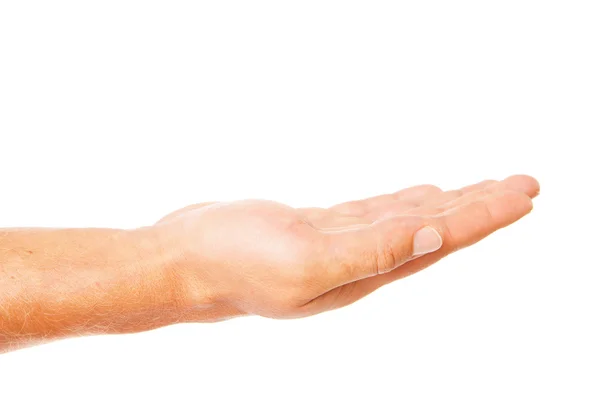 Gesto mão palma aberta de macho Isolado em branco — Fotografia de Stock