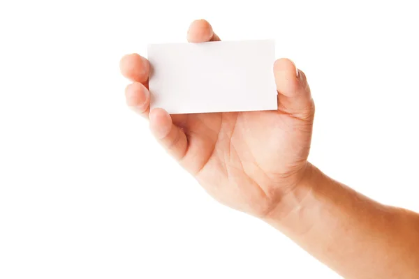 Business card in man's hand on white background — Stock Photo, Image