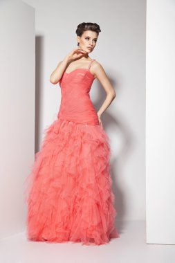 jonge mooie brunette in rode jurk op wit