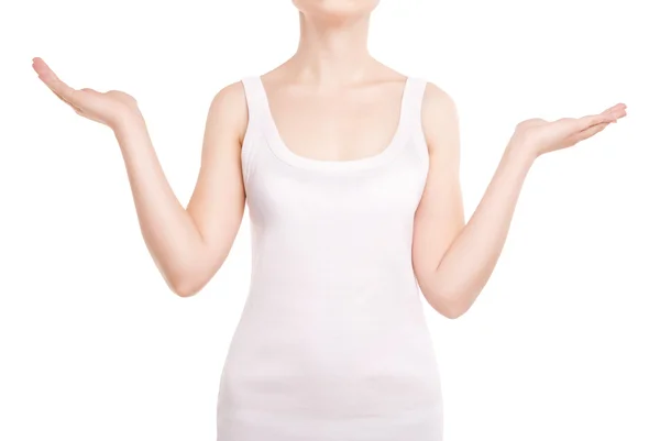 Woman holding something imaginary on white — Stock Photo, Image
