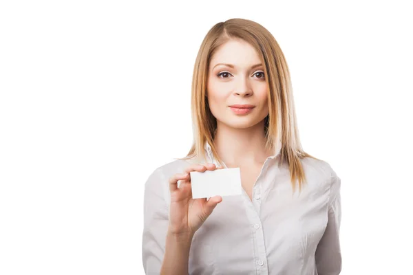 Woman holds out business or credit card — Stock Photo, Image