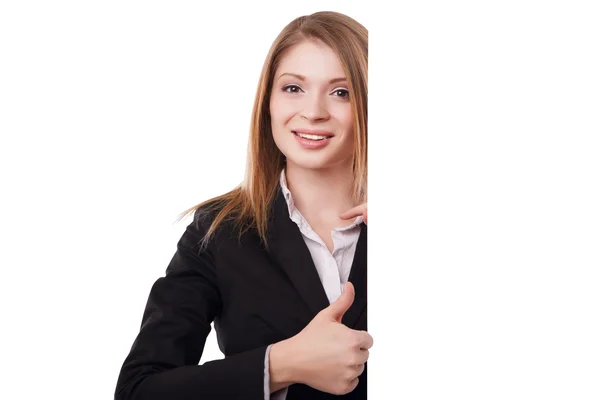 Woman showing blank — Stock Photo, Image