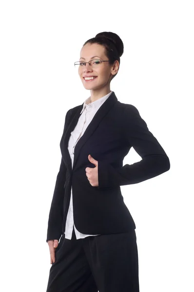 Happy woman with thumbs up isolated over white — Stock Photo, Image