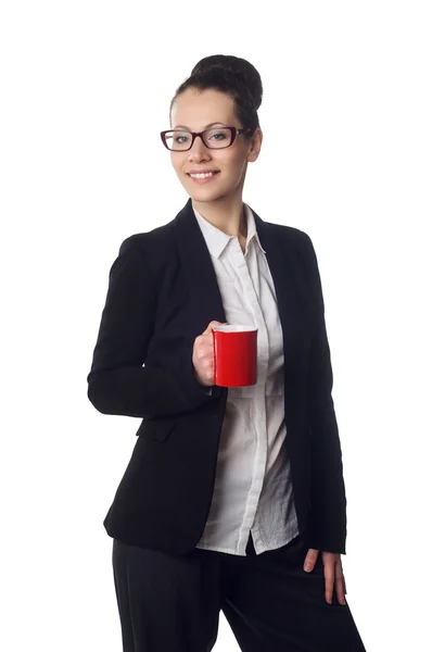 Young woman holding white cup of coffee — Stock Photo, Image