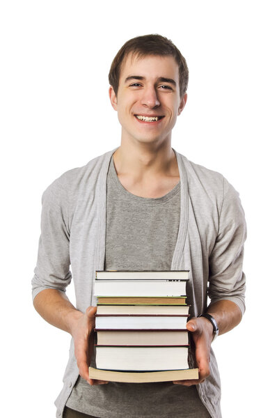 Человек с пачкой книг.
