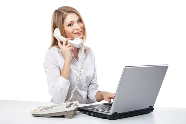 Mulher de negócios com laptop e telefone — Fotografia de Stock