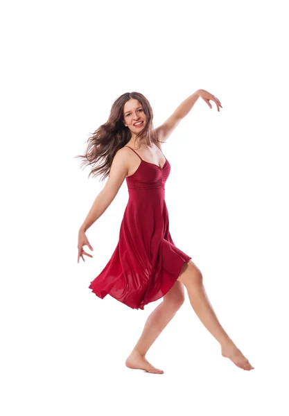 Jovem bailarina vestindo vestido vermelho isolado — Fotografia de Stock